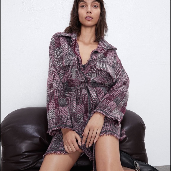Zara CHECK KNIT TWEED OVERSHIRT CARDIGAN SWEATER - Picture 3 of 6